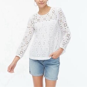NWT J. Crew White Eyelet Tiered Popover Long Sleeve Top XS
